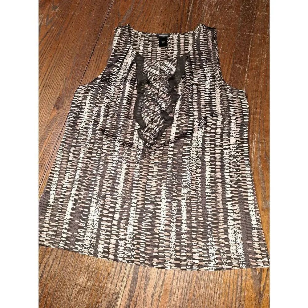 Sz 8 Ann Taylor Brown Black Tan Sleeveless Tank Top Ruffle Pullover Summer Shirt
